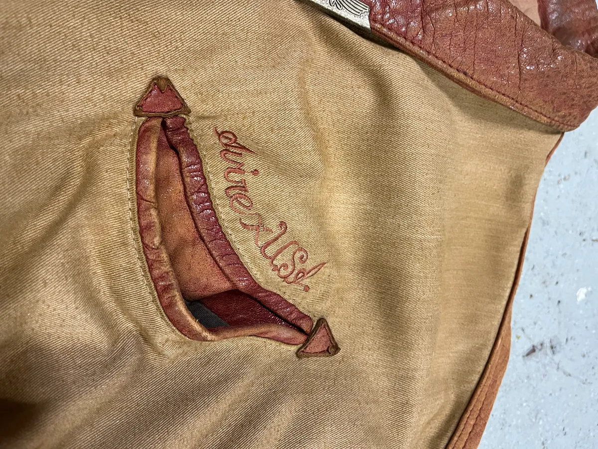 1980s Avirex Red Leither Beige Metallic Varsity Bomber Jacket - Image 16
