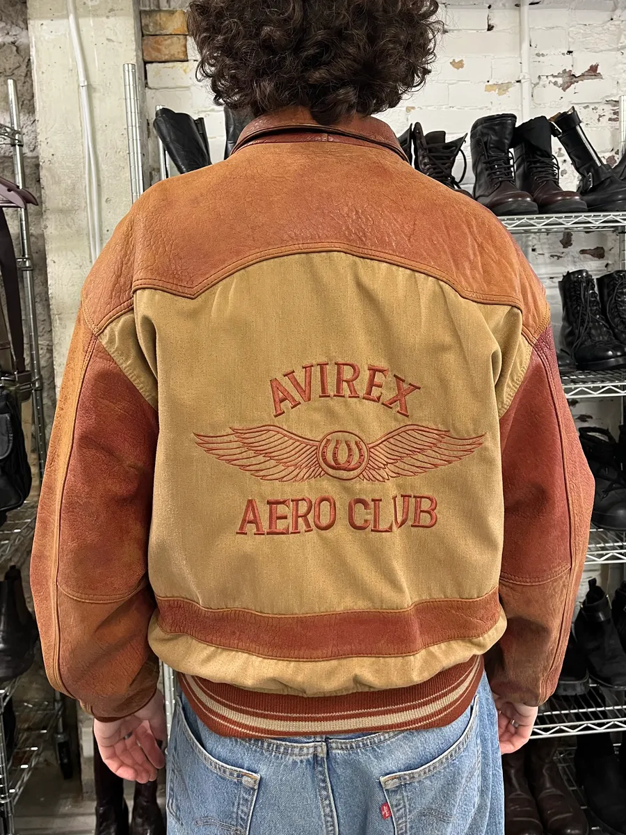 1980s Avirex Red Leither Beige Metallic Varsity Bomber Jacket - Image 3