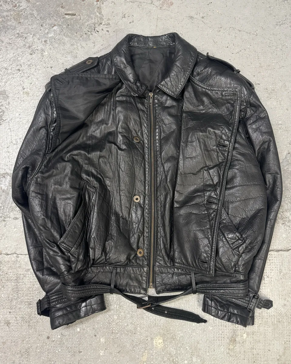 1980s Cropped Leather Black Army Asymmetrical Jacket - Image 3