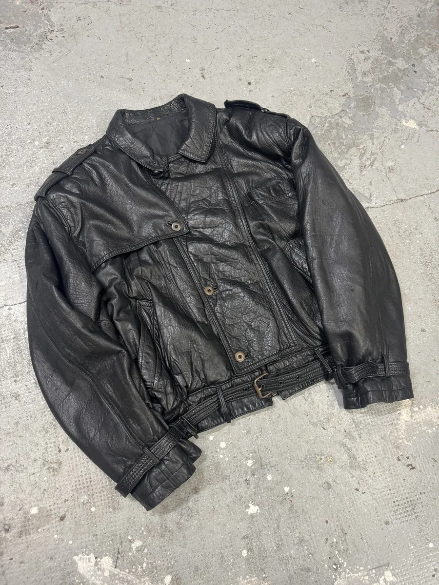 1980s Cropped Leather Black Army Asymmetrical Jacket - Image 6
