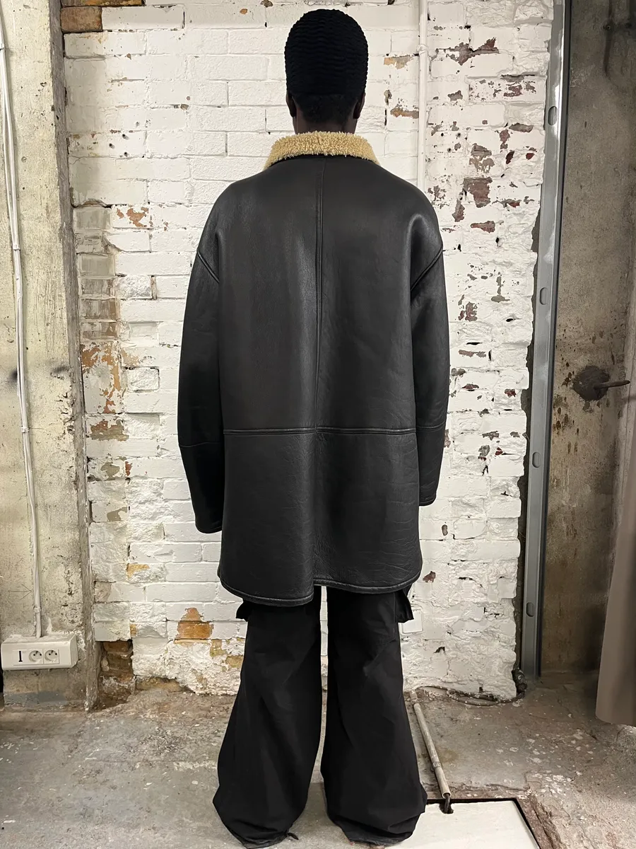 1980s Emporio Armani Black Shearling Leather Coat - Image 2
