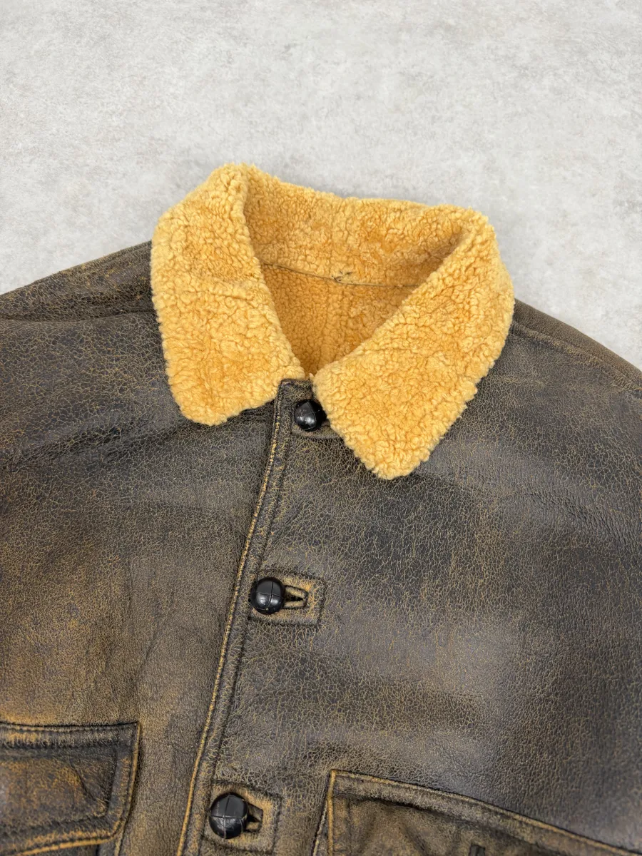 1980s Emporio Armani Brown Eroded Shearling Leather Jacket - Image 12