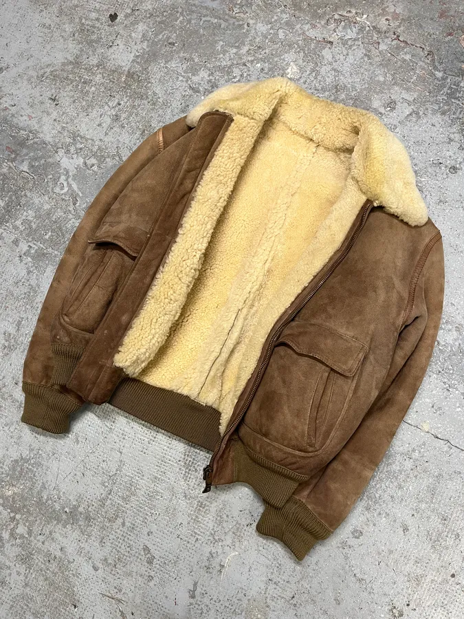 1980s Emporio Armani Camel Shearling Leather Bomber Jacket - Image 5