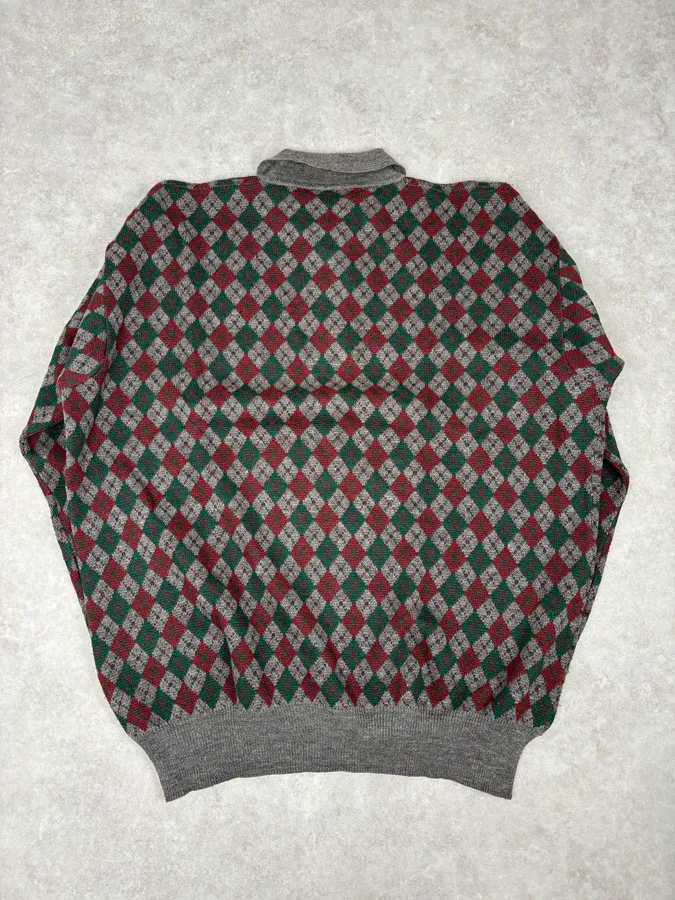 1980s Emporio Armani Grey Wool Red & Green Polo Sweater - Image 5