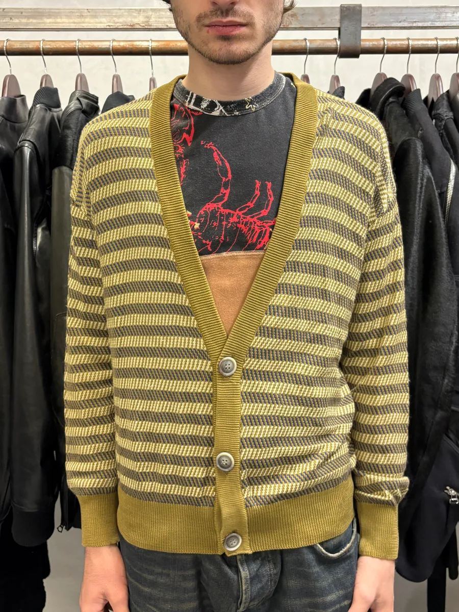 1980s Giorgio Armani Olive Striped Cardigan - Image 2
