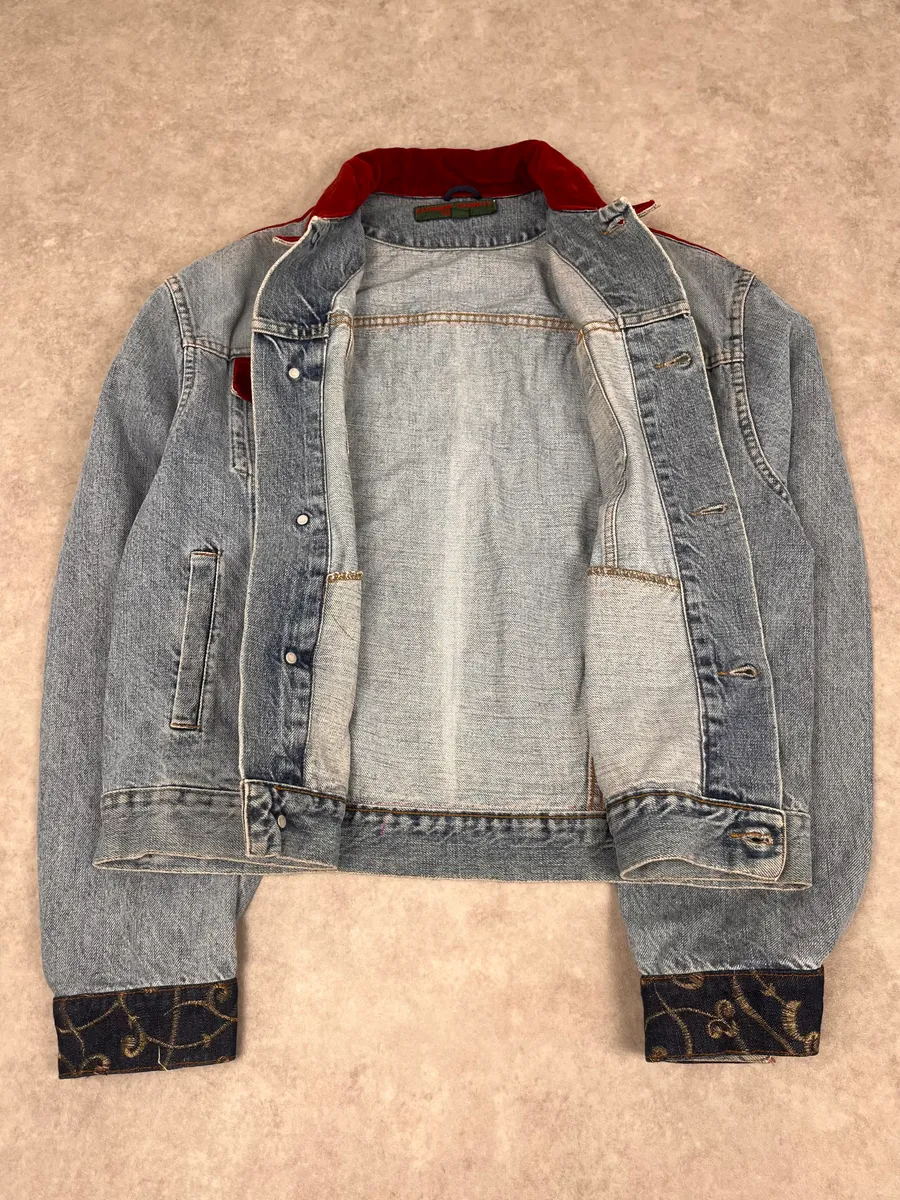 1980s Katherine Hamnett Blue Denim Floral Jacket with Red Velvet - Image 9