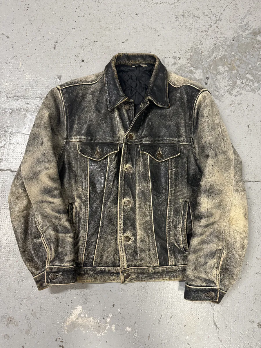 1980s Levi’s Eroded Grey Patina Leather Obscure Trucker Jacket - Image 6
