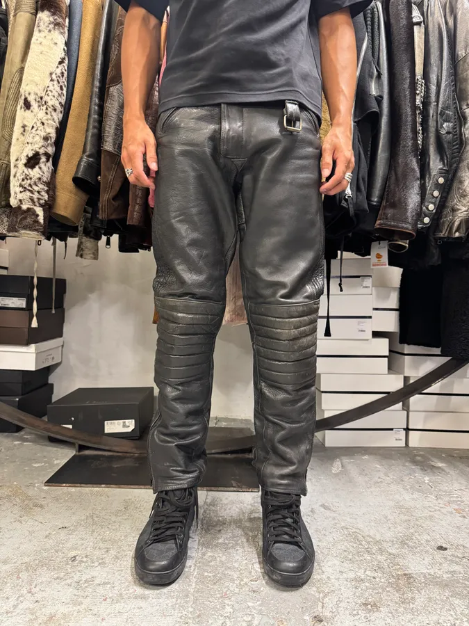 1990s Archive Black Biker Padded Belted Leather Pants - Image 2