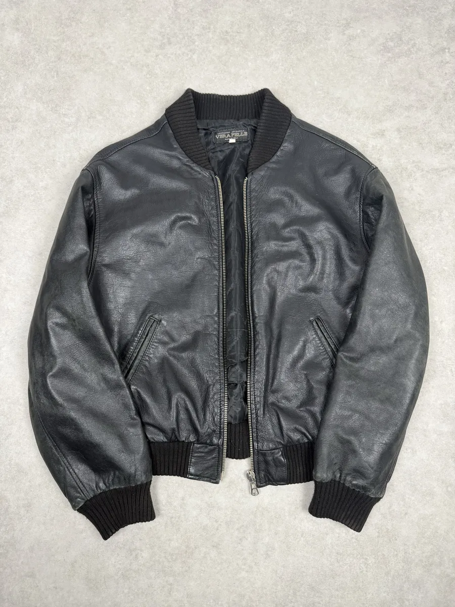1990s Archive Italian Black Leather Bomber Jacket - Image 2