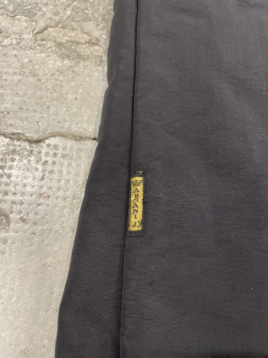 1990s Armani Asymmetrical Metal Buttons Black Nylon Trench Coat - Image 10