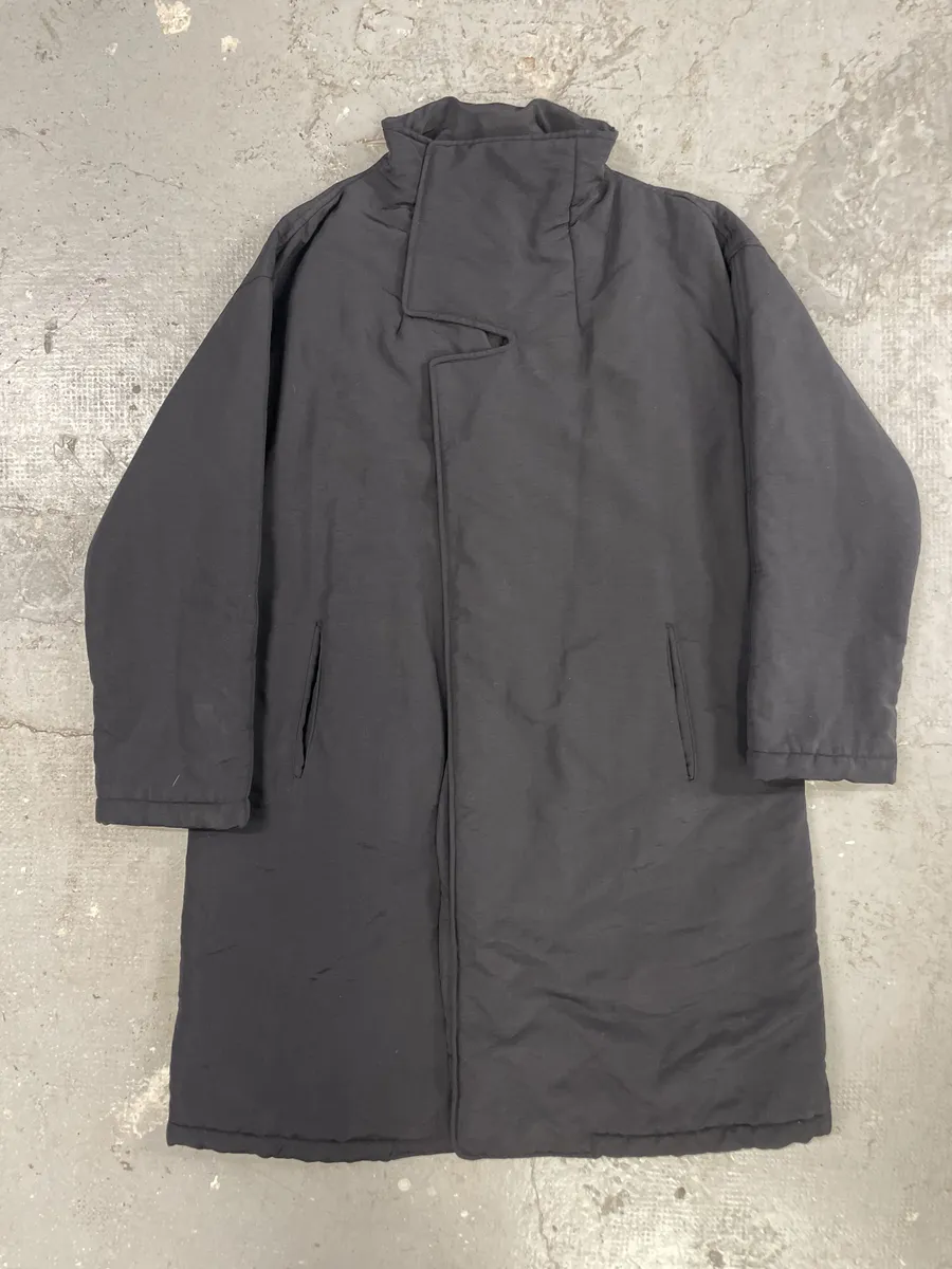 1990s Armani Asymmetrical Metal Buttons Black Nylon Trench Coat - Image 2