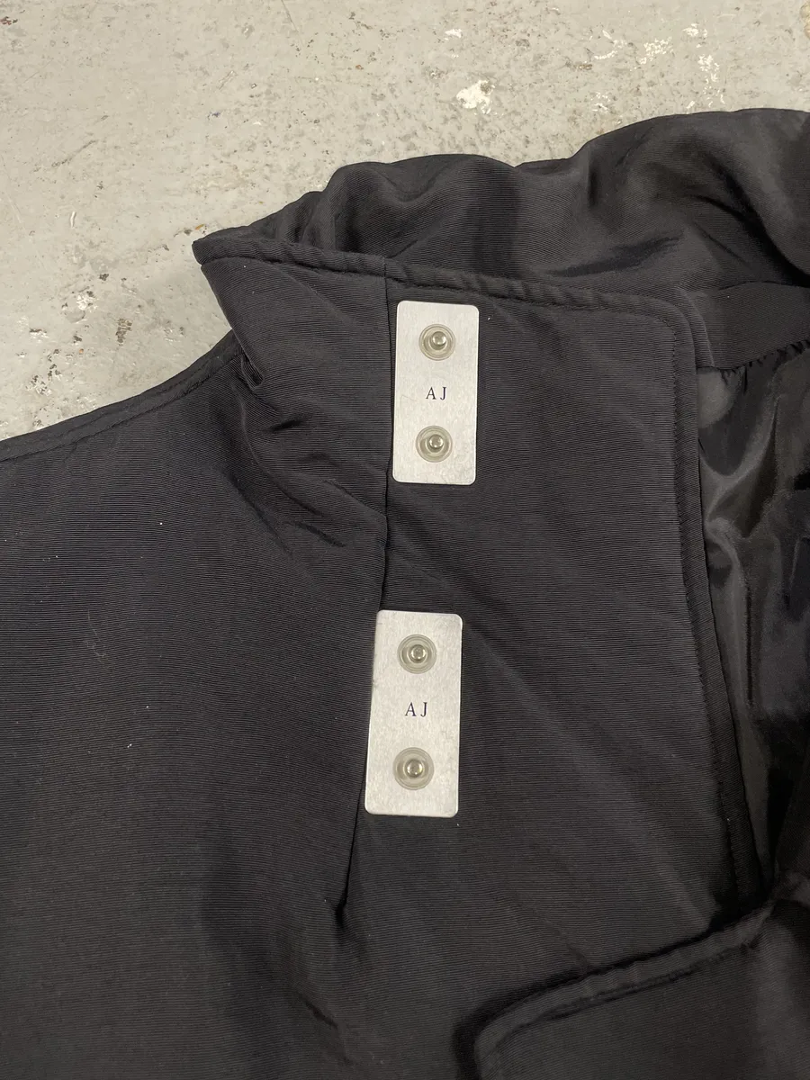 1990s Armani Asymmetrical Metal Buttons Black Nylon Trench Coat - Image 7