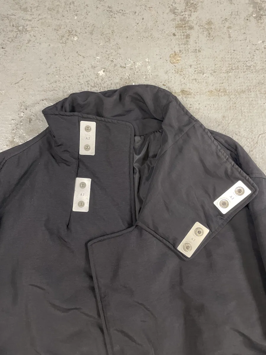 1990s Armani Asymmetrical Metal Buttons Black Nylon Trench Coat - Image 8