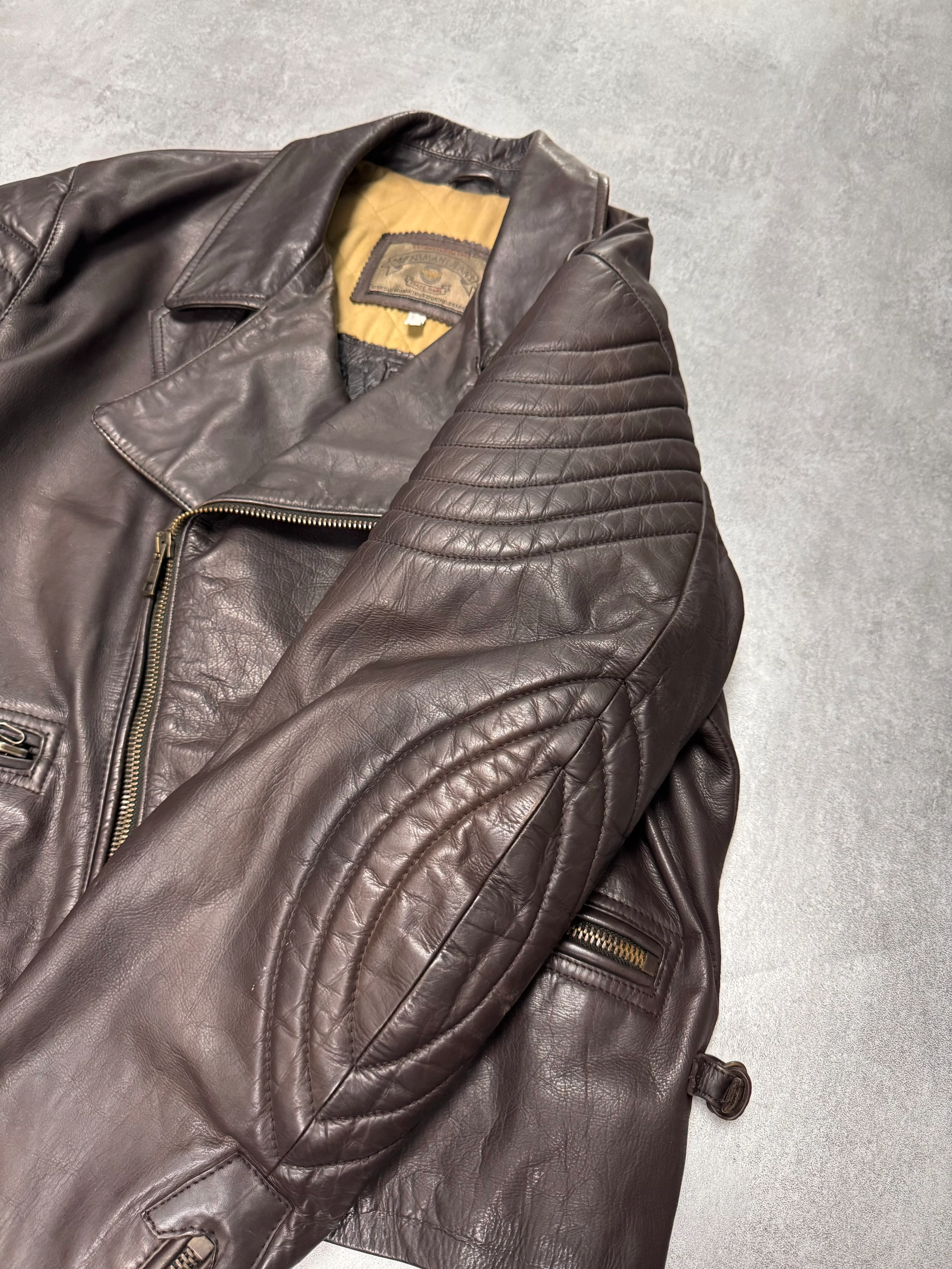 1990s Armani Aviator Bomber Brown Leather Cropped Jacket - Image 3