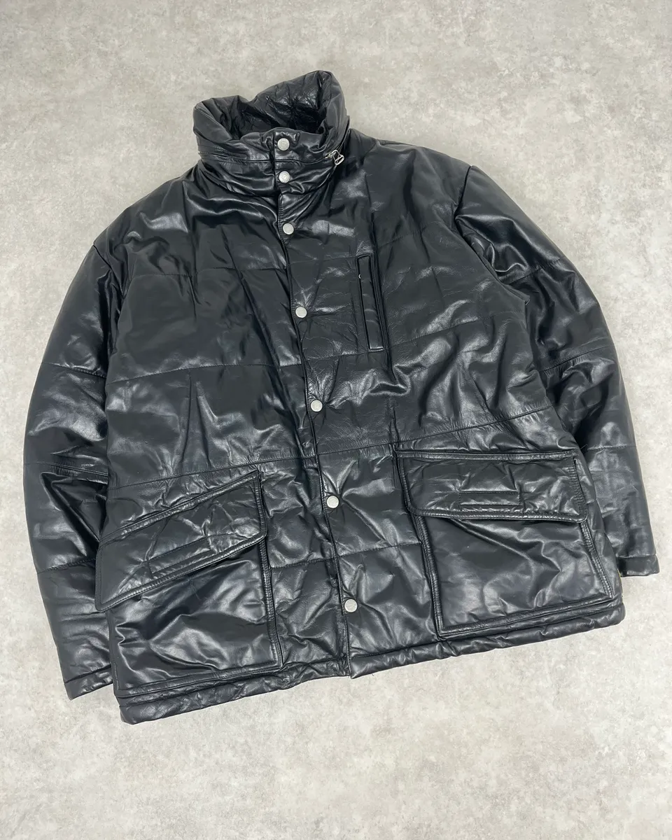 1990s Armani Black Leather Puffer Jacket - Image 4