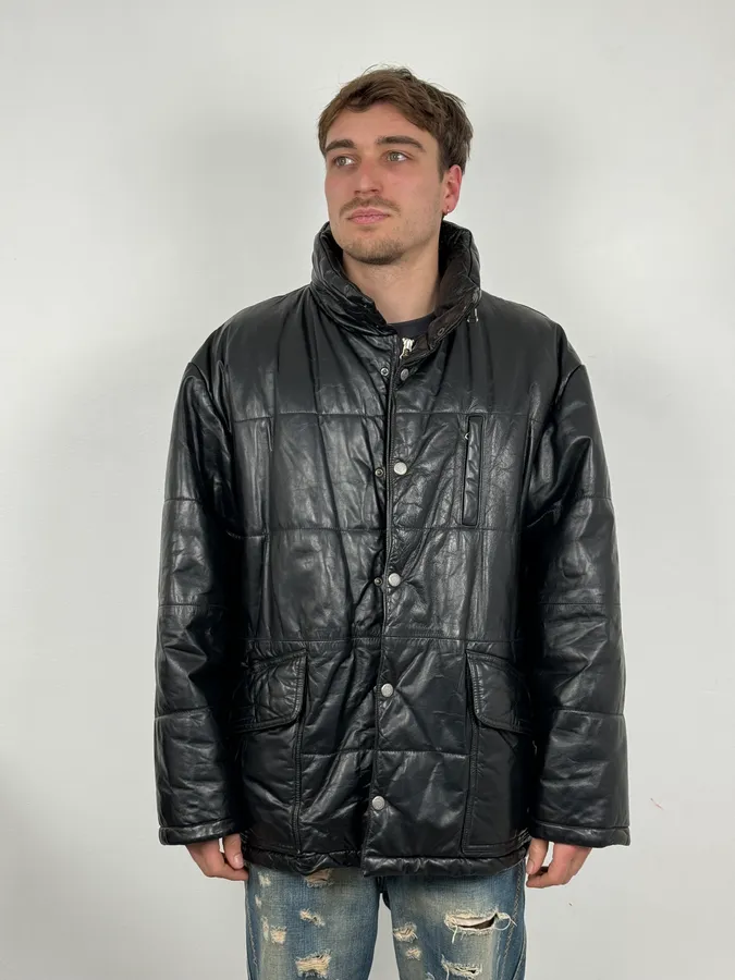 1990s Armani Black Leather Puffer Jacket - Image 2