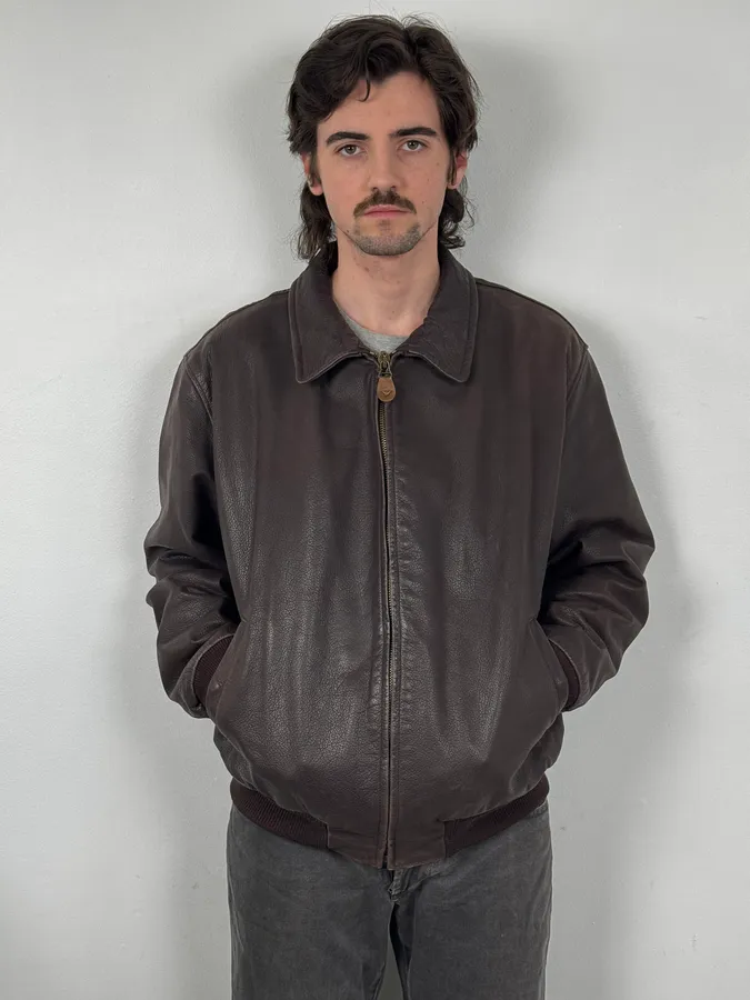 1990s Armani Brown Leather Bomber Jacket - Image 2