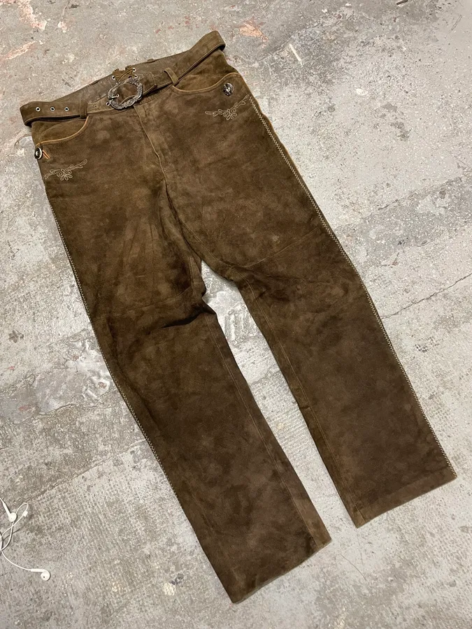 1990s Artisanal Brown Suede Leather Embellished Pants - Image 5
