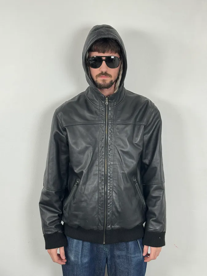 1990s Black Italian Leather Fur Hooded Jacket - Image 2