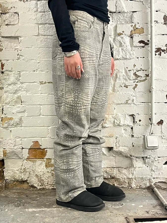 1990s Cavalli Crocodile Print Grey Pants - Image 3