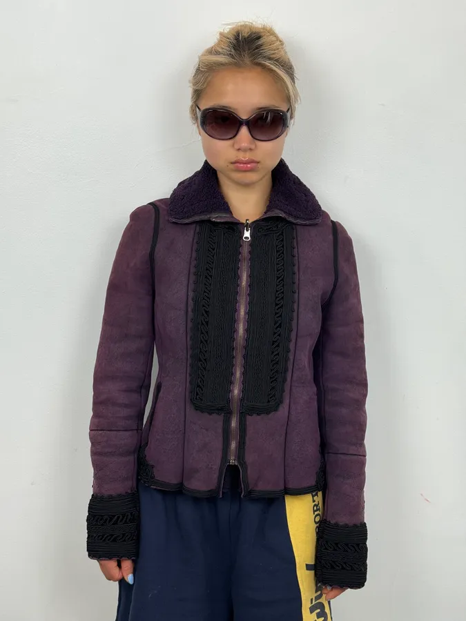 1990s Christian Lacroix Purple Shearling Embroidered Officer Jacket - Image 3