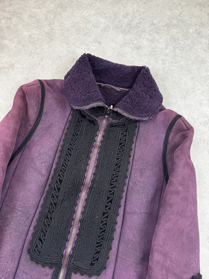 1990s Christian Lacroix Purple Shearling Embroidered Officer Jacket - Image 5