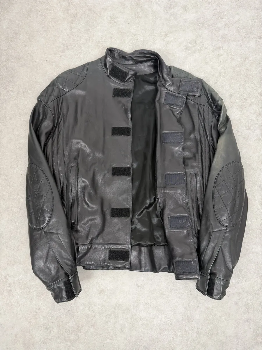 1990s Claude Montana Black Padded Biker Leather Jacket - Image 7