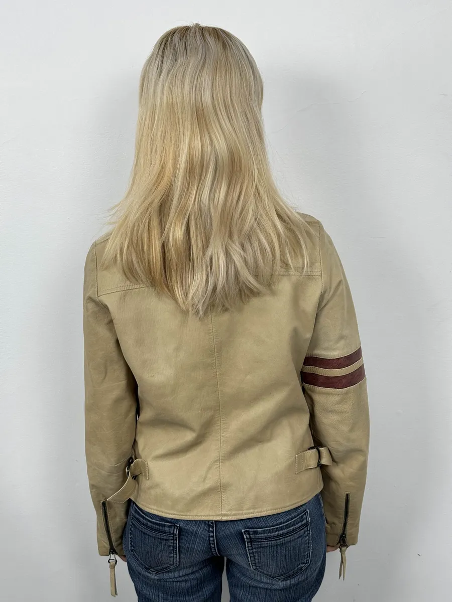 1990s Dolce & Gabbana Beige Racing Leather Biker Jacket - Image 3