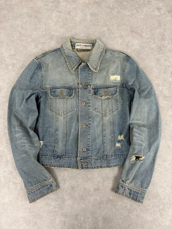 1990s Dolce & Gabbana Blue Faded Distressed Denim Jacket