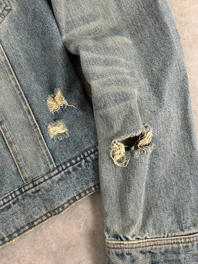 1990s Dolce & Gabbana Blue Faded Distressed Denim Jacket - Image 9