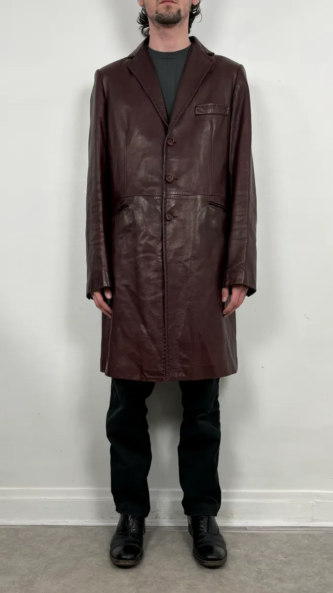 1990s Dolce & Gabbana Burgundy Leather Long Coat - Image 2