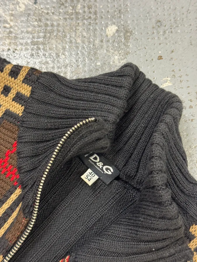 1990s Dolce & Gabbana Checkered Brown Wool Zip-up Sweater - Image 5