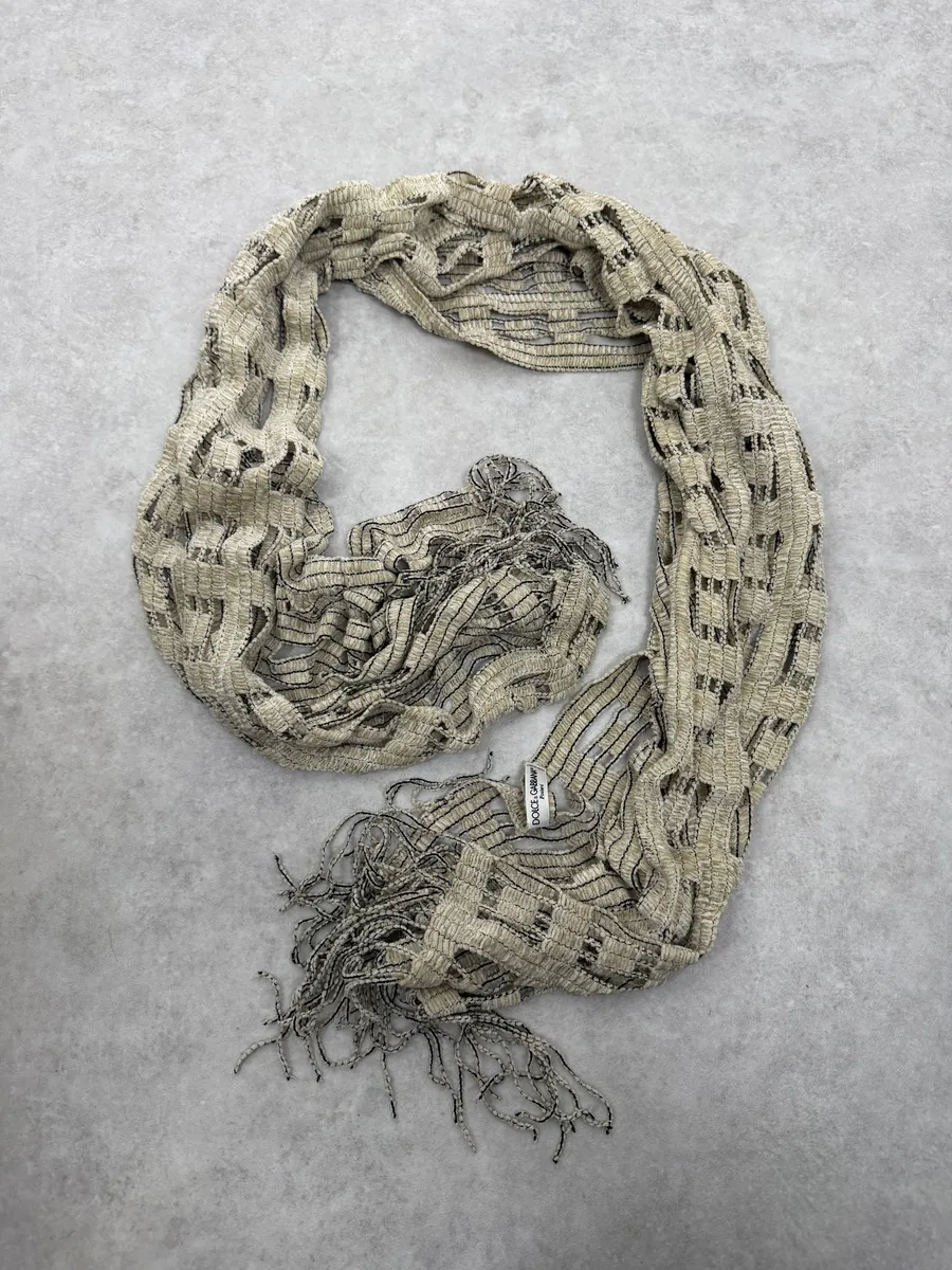 1990s Dolce & Gabbana Creamy Beige Fringe Scarf - Image 6