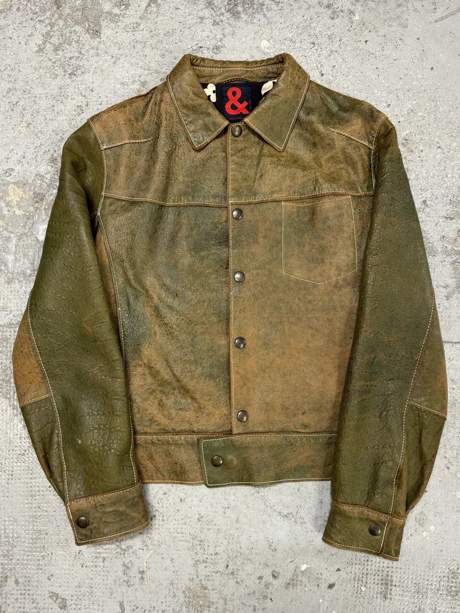 1990s Dolce & Gabbana Eroded Green Buttoned Leather Jacket