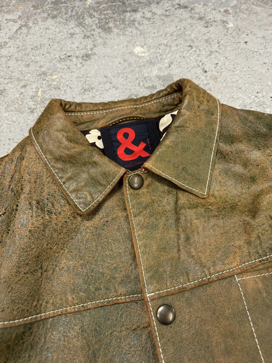 1990s Dolce & Gabbana Eroded Green Buttoned Leather Jacket - Image 10