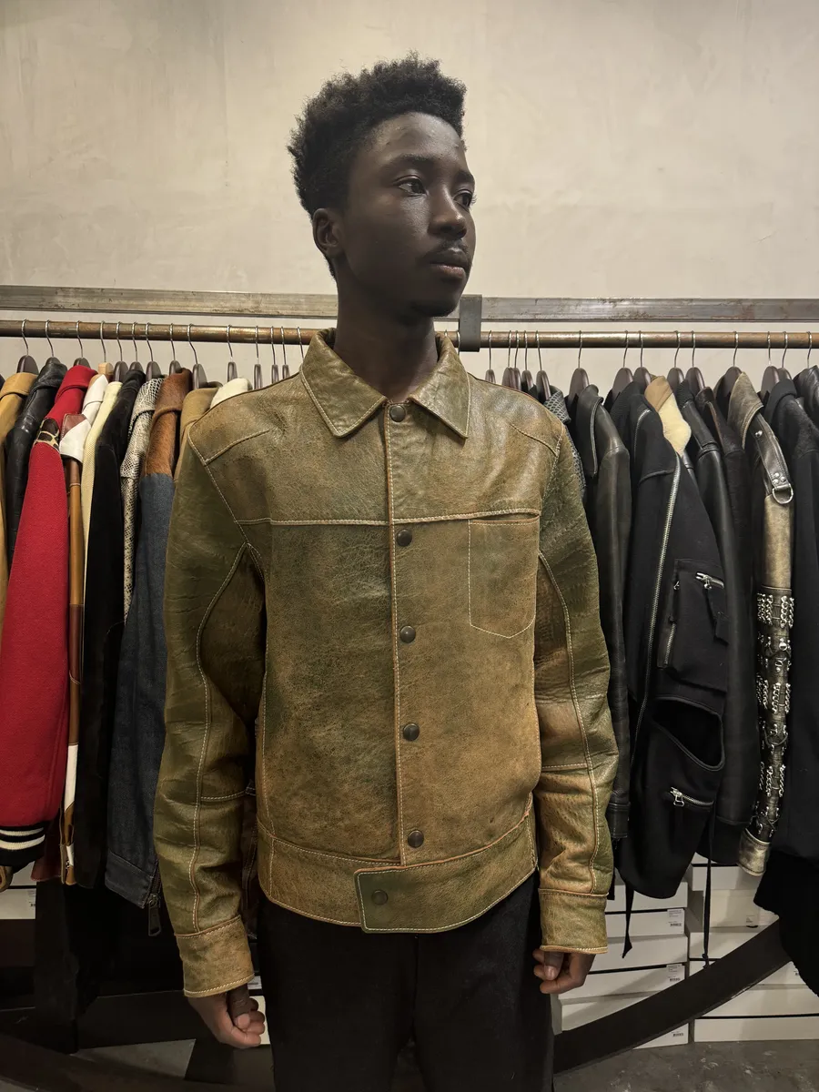 1990s Dolce & Gabbana Eroded Green Buttoned Leather Jacket - Image 2