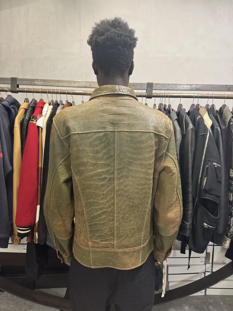 1990s Dolce & Gabbana Eroded Green Buttoned Leather Jacket - Image 3