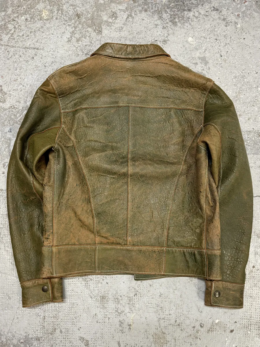 1990s Dolce & Gabbana Eroded Green Buttoned Leather Jacket - Image 5