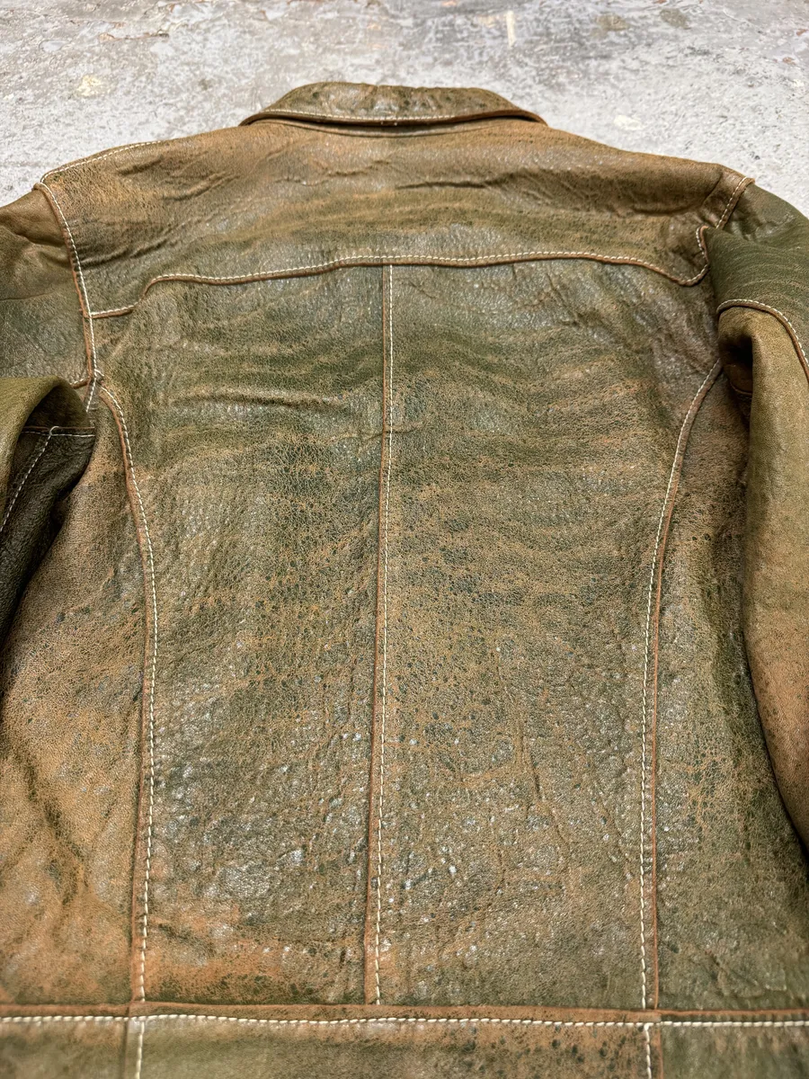 1990s Dolce & Gabbana Eroded Green Buttoned Leather Jacket - Image 7