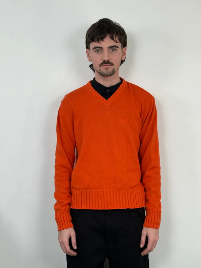 1990s Dolce & Gabbana Orange V Neck Wool Sweater - Image 2