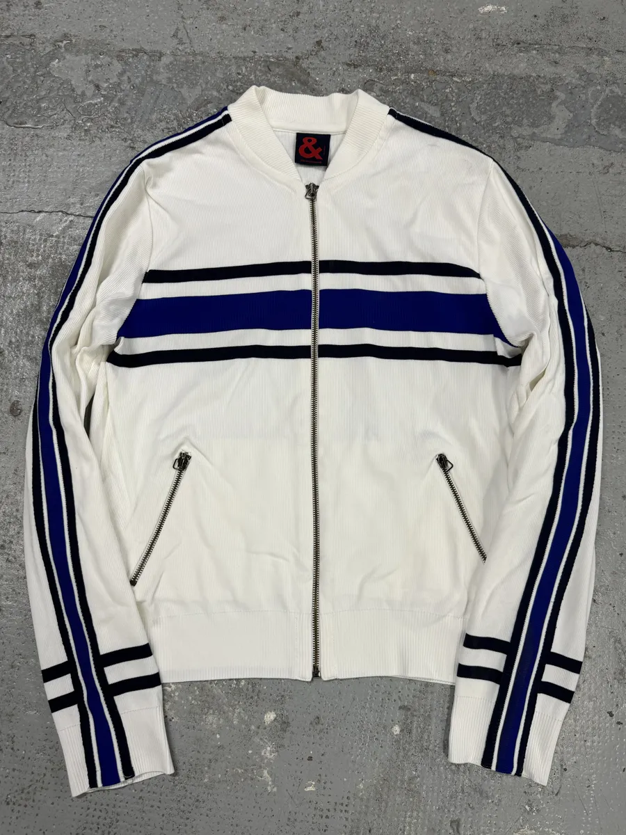 1990s Dolce & Gabbana White & Blue Lined Zip-up Sweater