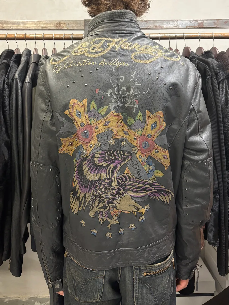 1990s Ed Hardy Black Leather Studded Cross Jacket - Image 3