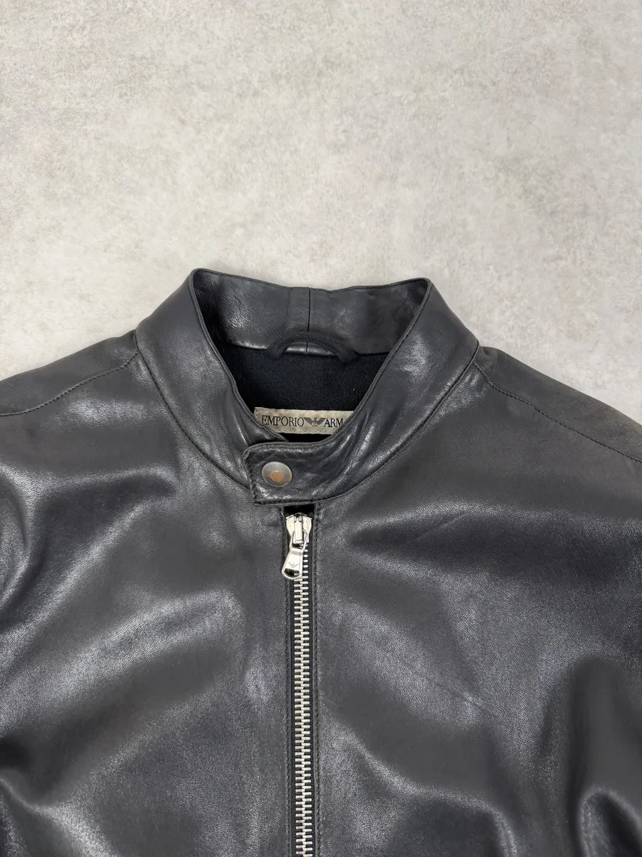 1990s Emporio Armani Black Padded Leather Minimalist Biker Jacket - Image 7