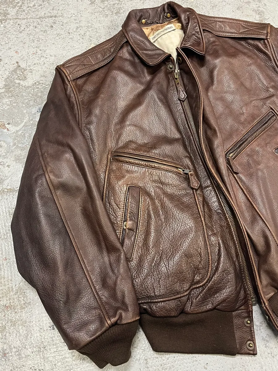1990s Emporio Armani Brown Bomber Leather Jacket - Image 5