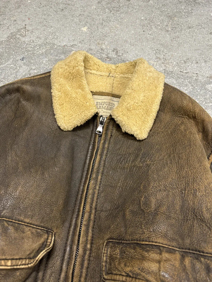 1990s Emporio Armani Brown Shearling Aviator Leather Jacket - Image 8