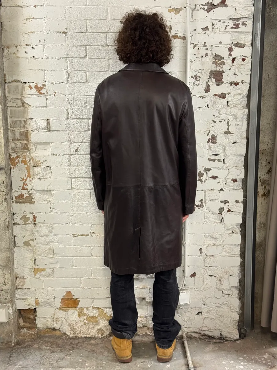 1990s Emporio Armani Dark Brown Leather Trench Coat - Image 3