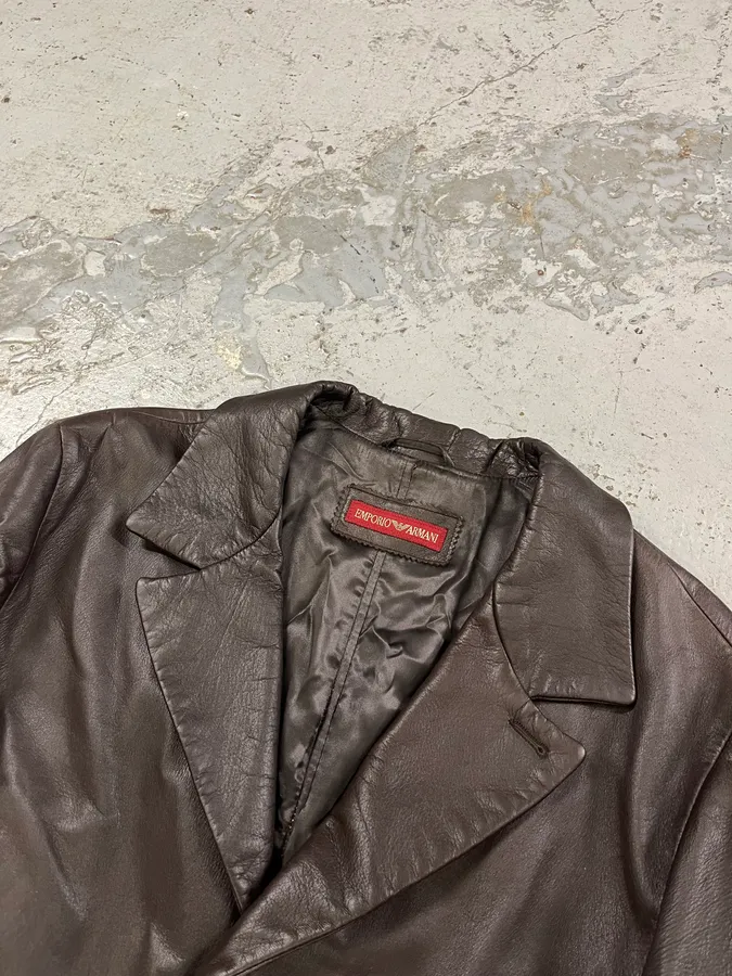 1990s Emporio Armani Dark Brown Leather Trench Coat - Image 5