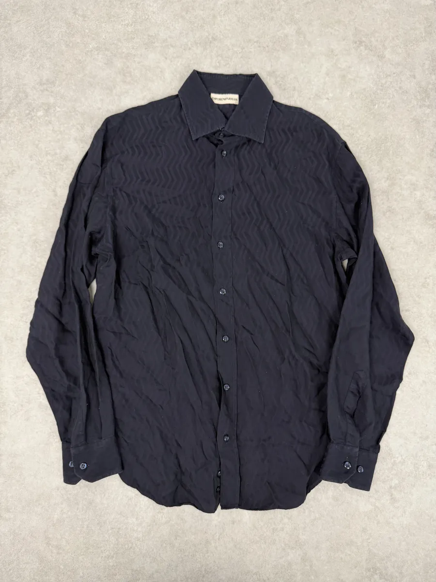 1990s Emporio Armani Navy Wavy Lined Shirt