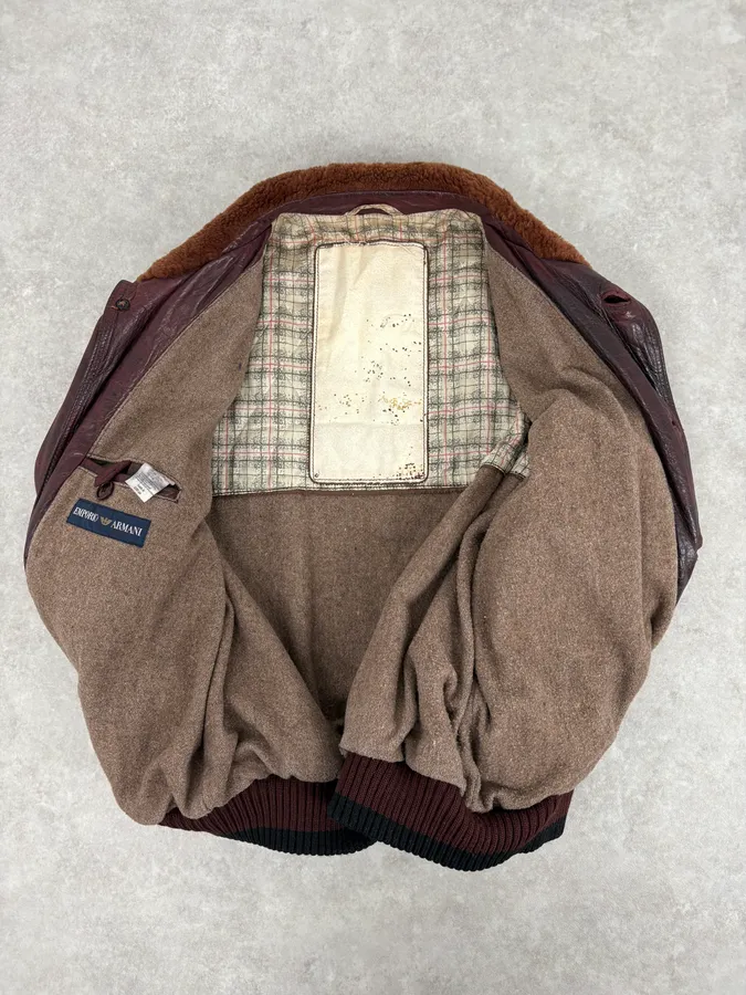 1990s Emporio Armani Sicons Brown Eroded Aviator Bomber Leather Jacket - Image 9