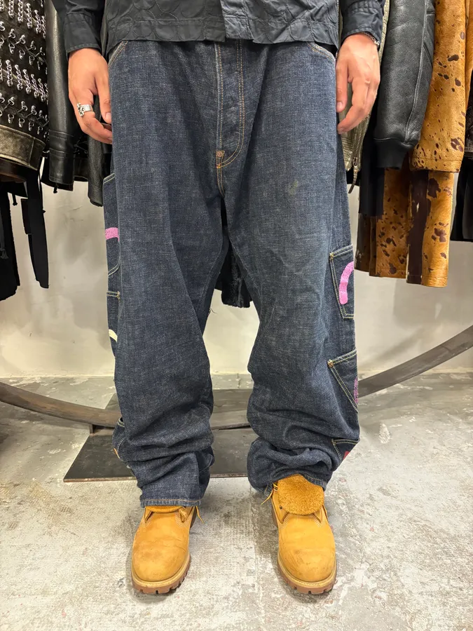 1990s Evisu Multi Pockets Painted Brut Denim Large Collector Jeans - Image 4